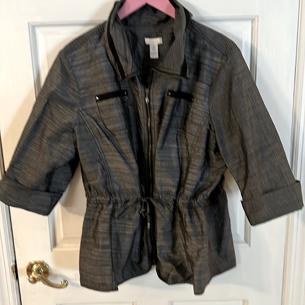 Chico’s 3 Gray Lightweight Jacket Casual Large Zip Front Drawstring Waist